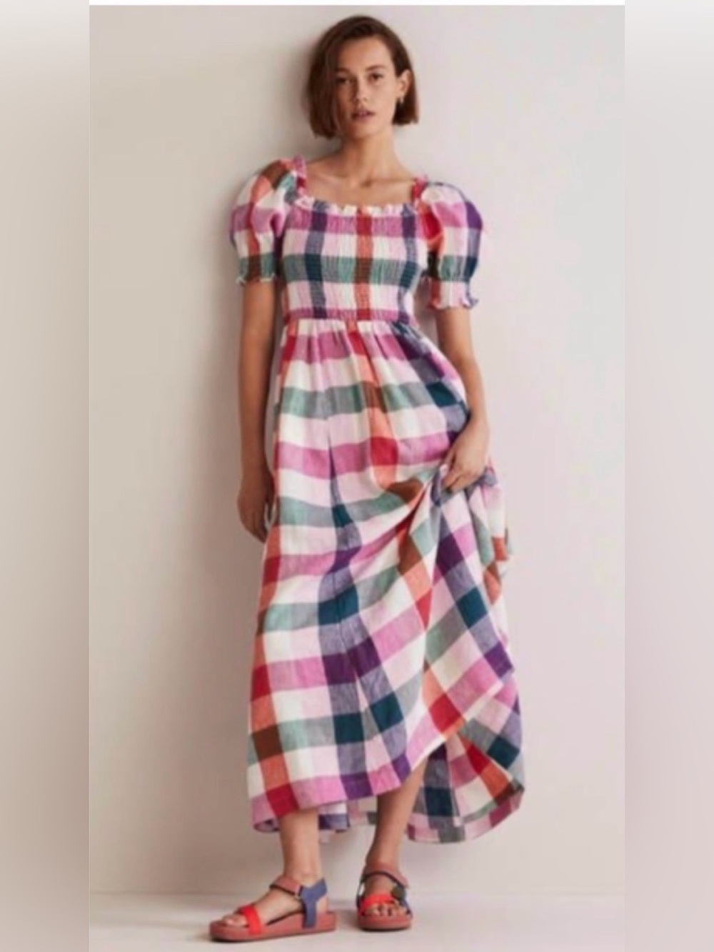 Boden Pink Multicolor Gingham Smocked Maxi Dress with Puff Sleeves